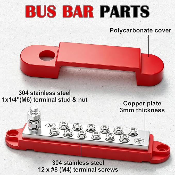 Marine Bus Bar 12V 150A 1/4" Stud Power Distribution Block, 12 Volt DC Battery Busbar, Automotive Buss Bar 12v for Car, Boat and Solar Wiring (Black+Red)