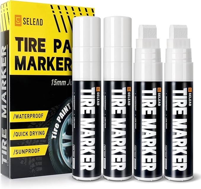 Jumbo Tire Marker White - 4 Pack 15mm Wide Tip Paint Pens for Car Tires Lettering, Large Capacity Premium Ink Waterproof Permanent Markers