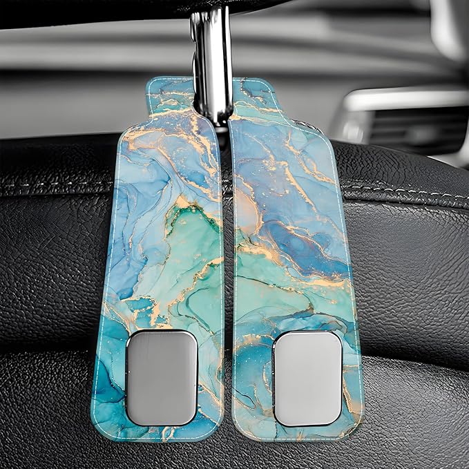 Car Seat Headrest Hooks for Purses and Bags Abstract Turquoise Golden Marble 1 Pack Bag Purse Holder for Car with Double Metal Hooks Car Purse Hanger Hanging Accessories