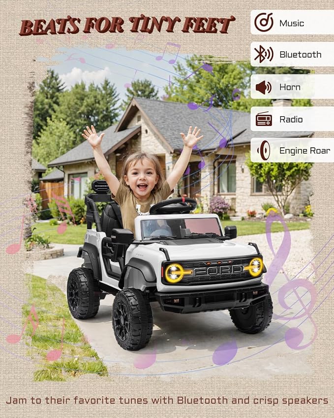 Ford Bronco Raptor 12V Toddler Ride on Toys, Safe Kids Ride on Truck with Remote Control, Children Electric Cars with 4 Wheels Suspension, Radio, Music, Bluetooth (12V, White)