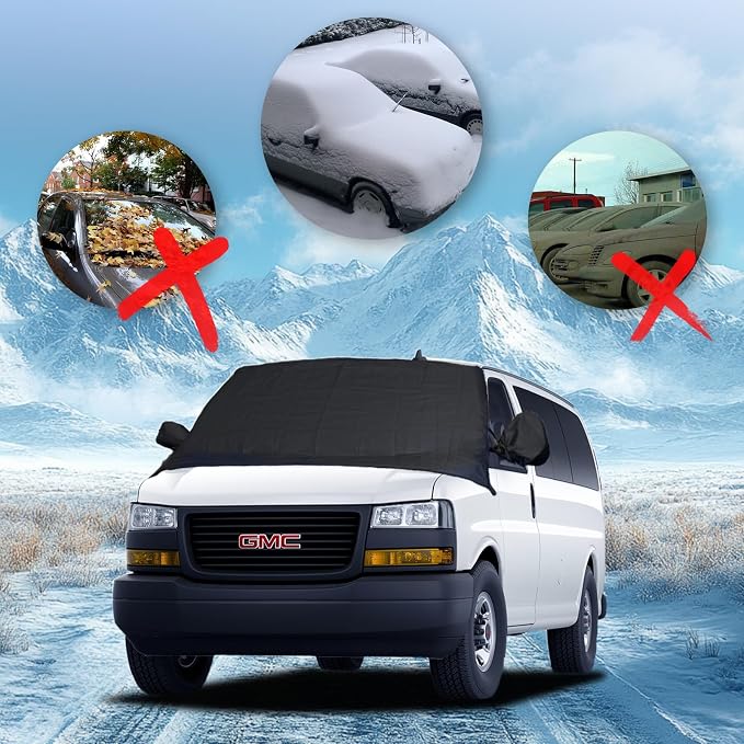 Windshield Cover for Ice and Snow for 1996-2024 2025 2026 GMC Savana Van/Chevy Express Accessories Enhanced Waterproof Passenger & Cargo All Weather Windshield Frost Cover for Savana Van for Winter