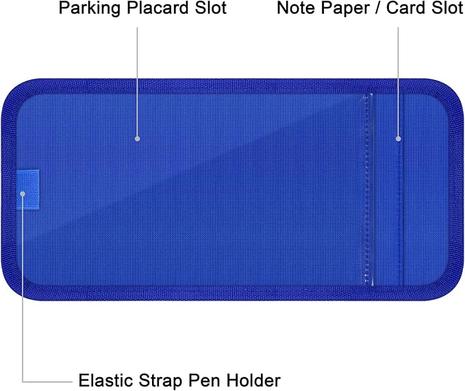 Handicap Placard Holder for Auto, Disabled Parking Permit Sign Protector for Car Sun Visor with Note Paper Slot, Pen Holder and Elastic Strap - Blue