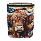 Highland Cattle Daisy Print Car Trash Can with Lid, American Flag Wood Leak Proof Auto Trash Bag Hanging Vehicle Garbage Can Multipurpose Storage Container for Back Seat Road Trip