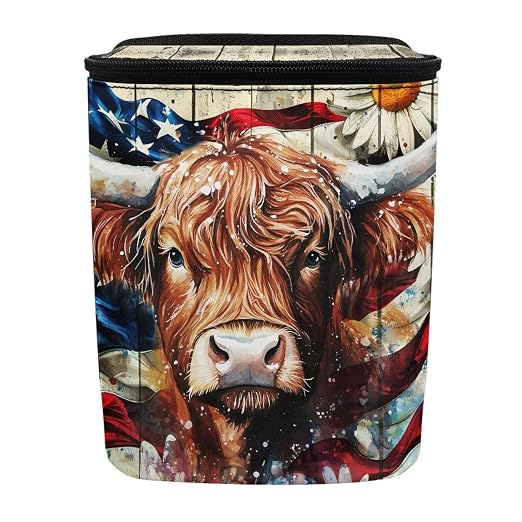 Highland Cattle Daisy Print Car Trash Can with Lid, American Flag Wood Leak Proof Auto Trash Bag Hanging Vehicle Garbage Can Multipurpose Storage Container for Back Seat Road Trip