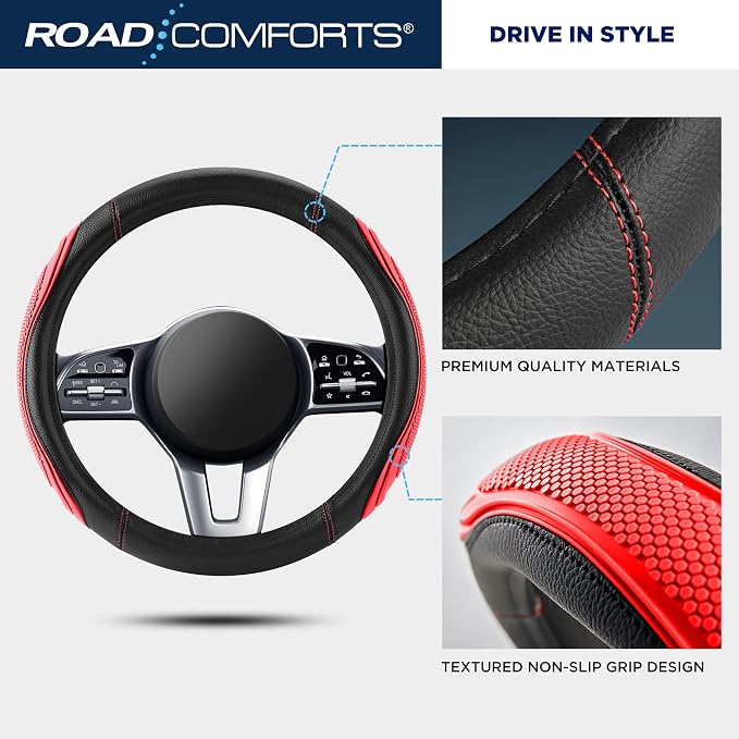 Car Steering Wheel Cover - Microfiber Leather Steering Wheel Wrap Sports 14.5-15 Inch Steering Wheel Cover Non-Slip for Men Women Red Color