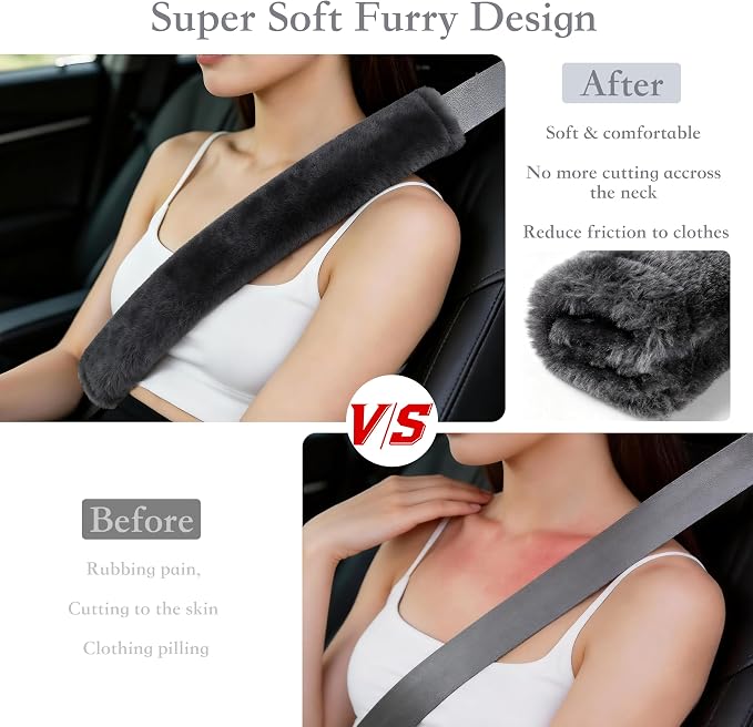 Soft Faux Fur Universal Fit Seatbelt Cover Car Truck SUV Airplane Seat Belt Shoulder Pad for Carmera Backpack Straps Neck Cushion Protector Extra Long 25.6in Dark Gray