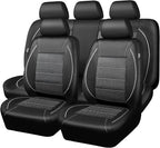 Piping PU Leather Car Seat Cover Full Set, Inside Zipper Design and Reserved Opening Holes, Airbag Compatible,Universal FIT for Car, SUVs,Van,Trucks（Full Set, Black & Silver