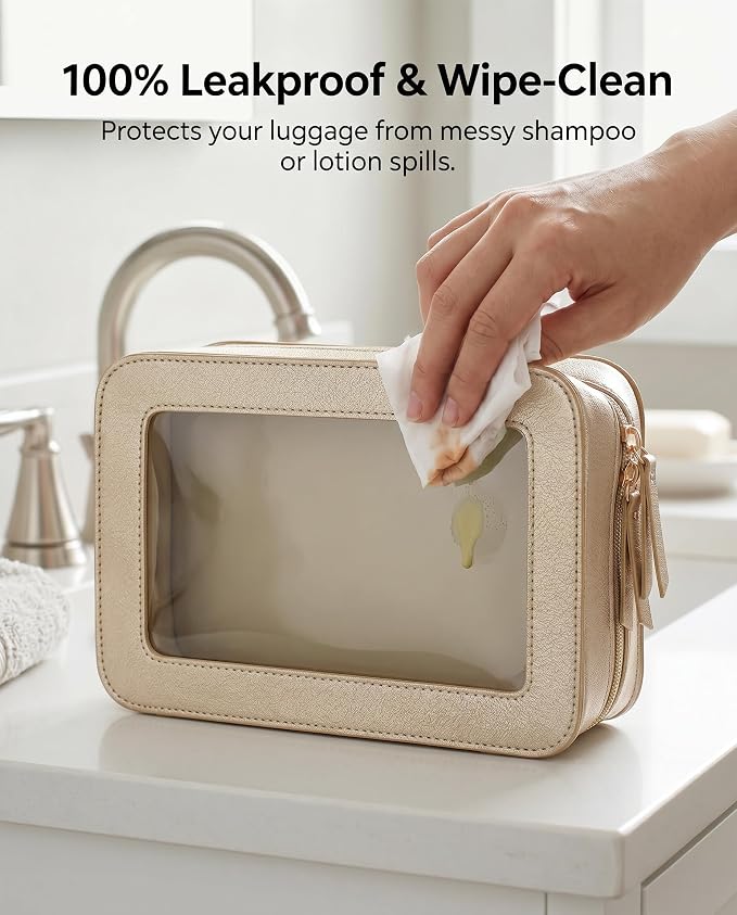 Clear Makeup Bags, TSA Approved Toiletry Bag with Zipper, Clear Makeup Organizer Fit Carry-on Travel Essentials,Clear Cosmetic Bags for Women Men (C-Gold)