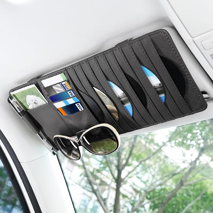 Sun Visor CD Case Holder for Car - Multi-Function Visor Organizer with CD/DVD Storage, Eyeglass Clip, Card Slots & Pen Holder, Durable Leather Car Accessories (Black)