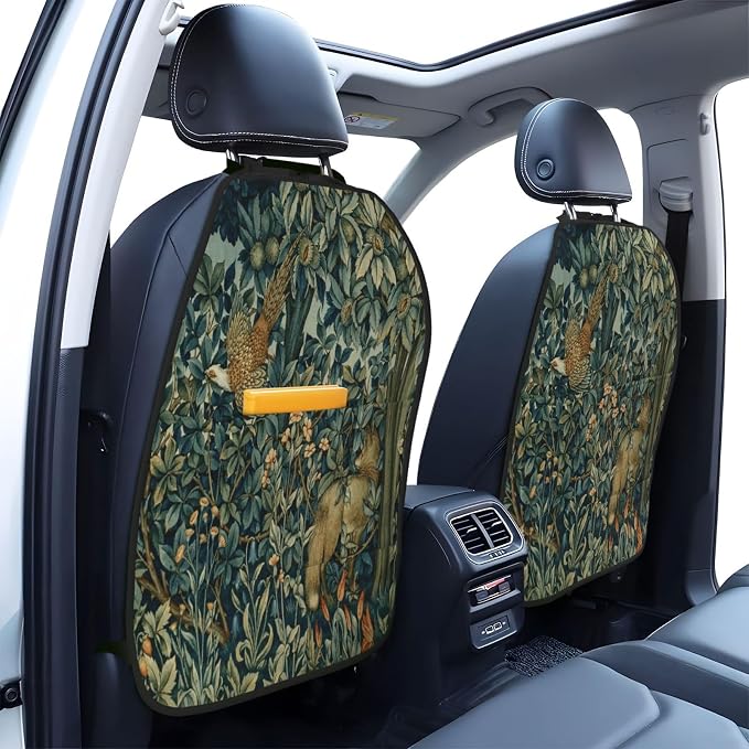 William Morris Greenery Forest Animals Pheasant Fox Blue Green Floral Car Seat Back Kick Protectors Kick Mats With Storage Pockets For Vehicles To Protect From Dirt Mud Scratches 2 Pack