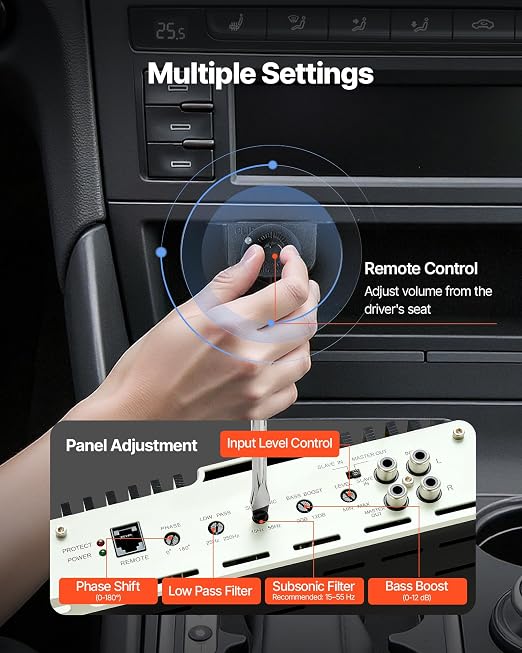 Monoblock Car Amplifier, 800W RMS MAX, 1/2/4 Ohm Stable, 1-Channel Class D Car Audio Amplifier with Remote Subwoofer Level Control, Low Pass Filter, Bass Boost & Phase Shift, Volume Controller