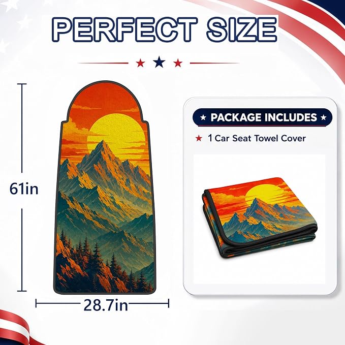 Car Seat Towel Cover for Front Seats, 1Pc Sweat Absorbent Car Seat Protector with Non-Slip Backing, Waterproof Towel Car Seat Covers for Runners, Gym, Swimming, Beach, Pets, Mountain Sunset