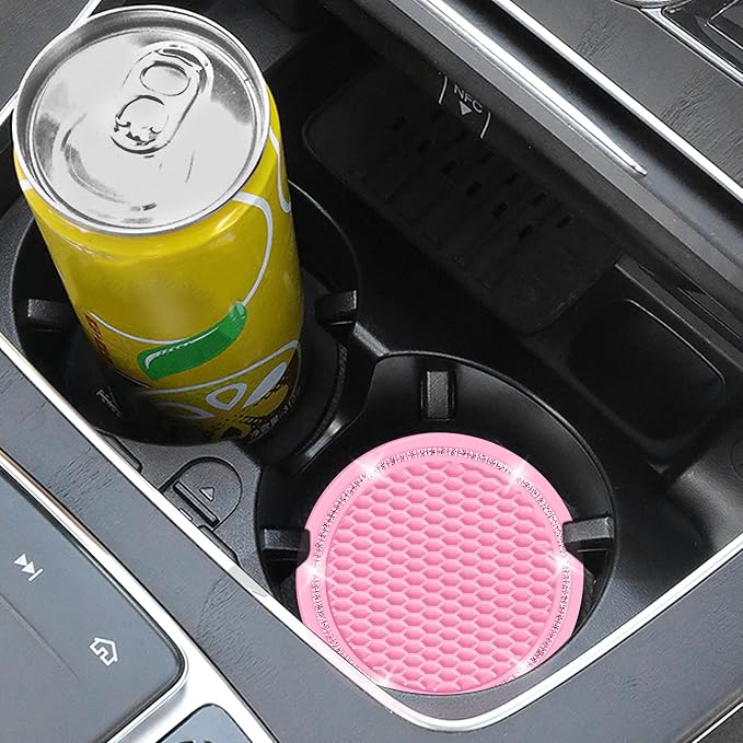 Car Coasters, 4 Pack Universal Vehicle Bling Car Coaster, Rhinestone Coaster for Cup Holders, Car Interior Accessories 2.75'' Silicone Car Coasters for Women(Pink, Pink Crystal Circle)