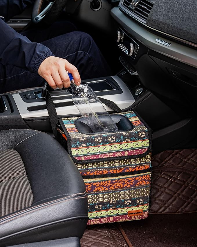 Car Garbage Can Cute - Leak-Proof Car Trash Can with Lid and Storage Pockets, Car Trash Bin for Men and Women, Boho Aztec Essentials: Must-Have Car Interior Accessories (Boho Carnival)