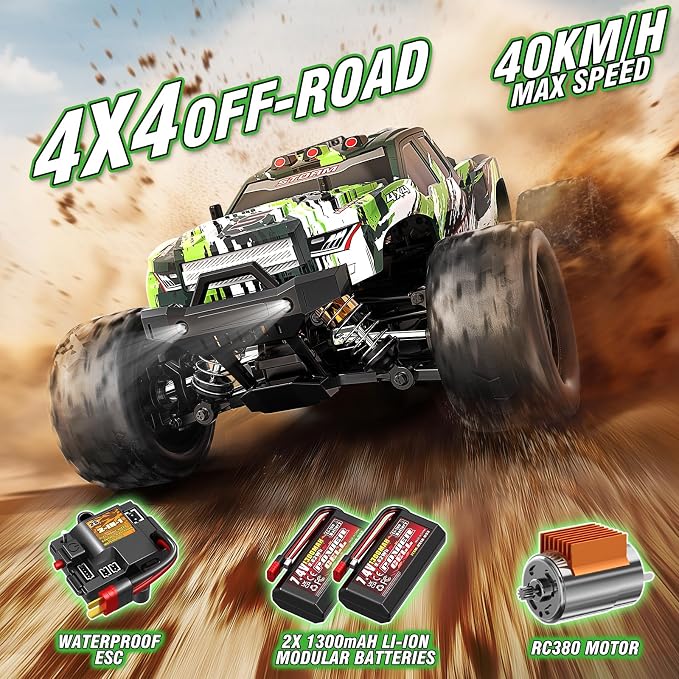 1:18 All Terrain RC Car for Adults & Boys (HS18-05), 4WD Off-Road RC Truck High Speed Fast 40+ KPH, 4X4 Waterproof Remote Control Car with 2 Rechargeable Batteries