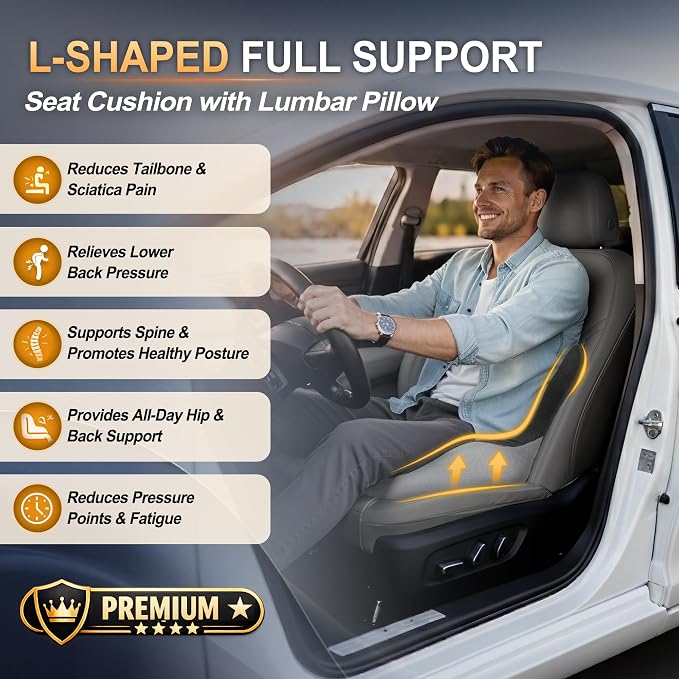 Car Seat Cushion with Lumbar Support Pillow, Car Back Support | L-Shaped Ergonomic Memory Foam Seat Cushion, Car Seat Cushions for Driving, Driver Cushion and Back Support for Car, B&G