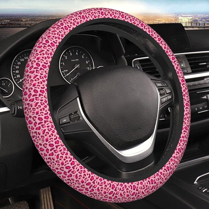 Pink Leopard Print Steering Wheel Cover for Women, Universal 15 Inch Fit, Thickened Neoprene Non-Slip Car Wheel Protector, Stylish Car Interior Accessories for Auto SUV Truck, Breathable & Durable