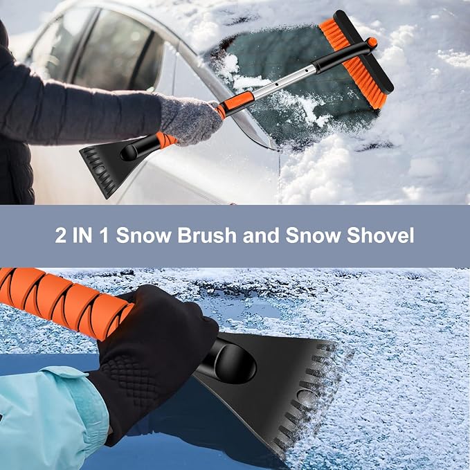 33" Extendable Snow Brush with Detachable Ice Scraper for Car Windshield with Foam Grip and 360° Pivoting Brush Head for Christmas Car Auto Truck SUV, Orange