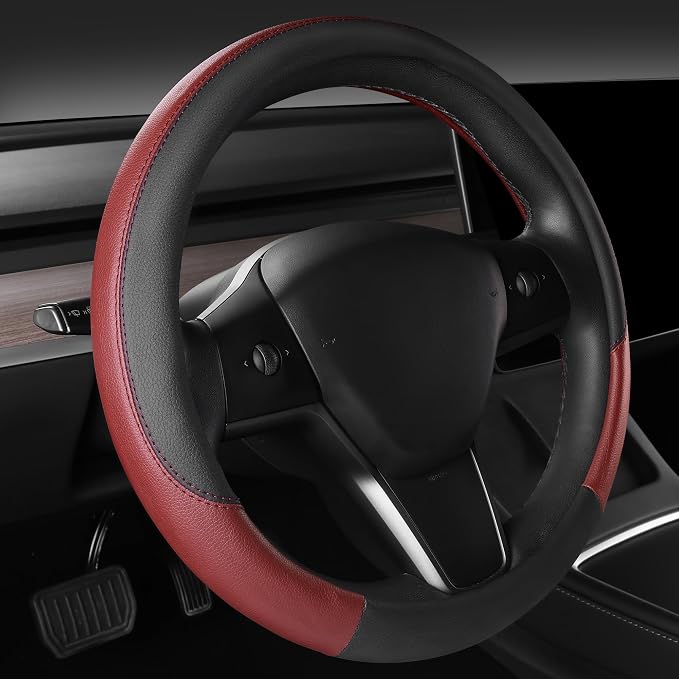 Faux Leather Steering Wheel Cover and Waterproof Car Floor Mats, Universal Car Combo Fit for 95% Sedan,SUV,Cars, 14.5-15inch Sporty Anti-Slip Safety Comfortable Design Burgundy