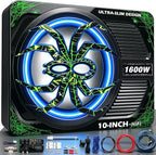 Upgraded 1600W Car Subwoofer, 10" Ultra-Thin Under-Seat Sub with Built-in Amplifier, (LPF/Gain/Bass Boost) LED Ambient Lights, Independent Bass Knob, Distortion-Free Deep Bass（Green）