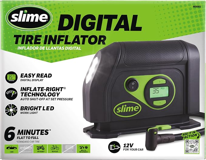 40088 Tire Inflator, Portable Car Air Compressor, Inflate Right automatic shut off, with Digital 99 psi Display, Long Hose and LED Light, 12V, 6 min inflation