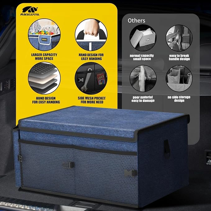 Car Trunk Organizer - 65L Collapsible Trunk Organizer with Lid, Sturdy Car Storage for SUV Auto Truck Van with Adjustable Straps and Non Slip Bottom (Blue)