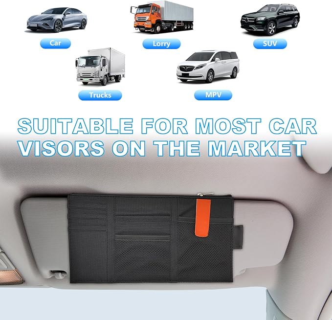 Car Sun Visor Organizer, Auto Interior Visor Storage Pouch Holder with Zipper, Multi-Pocket Net Personal Belonging Organizer, Universal Car Accessory for Cards, Documents (Black)