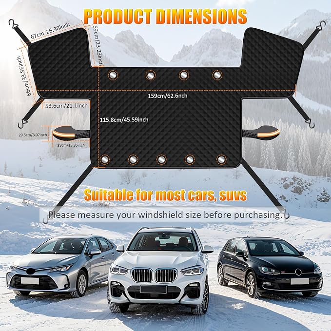 Car Windshield Snow Ice Cover with Side Mirror Covers, Windshield Snow Ice Cover with Magnetic Edges Used for Snow Protection, Rain and Sun, Fits for Most Cars, SUV(61"x47")