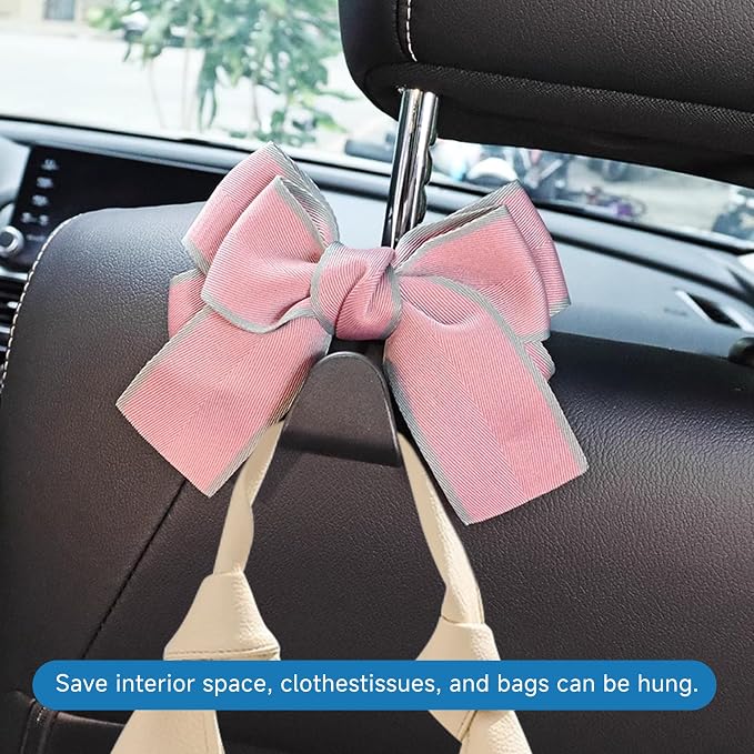 2PCS Car Seat Hooks, Cute Bow Car Seat Headrest Hooks for Purses, Bags, Umbrella, Universal Automotive Interior Decoration Accessoriesl for Vehicle, SUV, Sedan, Truck (Pink Border)