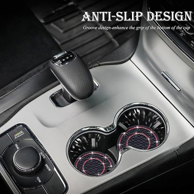 2PCS Bling Crystal Rhinestone Cup Holder Coaster, 2.75 inch Soft Silicone Anti-Slip Shockproof, Car Cup Holder Insert Coasters, Universal Car Interior Accessories for Women (Black & Red)