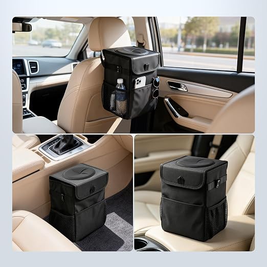 Car Trash Can with Lid, Leakproof Hanging Organizer for Car Back Seat | Waterproof Lining • Prevents Trash from Falling Out • Side Storage Pockets • Foldable Design • Fits Cars, SUVs & Trucks