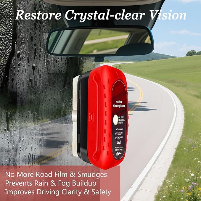 Automotive Oil Film Cleaning Brush for Glass Windshield & Windows – Upgrade 2.0 Kit with Cleaner & Refill, Anti-Rain & Anti-Fog Coating, Windshield Cleaner Tool for Clarity and Safer Driving (Red)