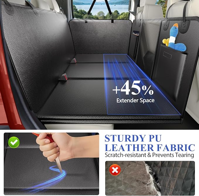 Back Seat Extender for Dogs Truck-Large Space, Hard Bottom PU Leather Dog Pet Seat Cover Back Seat, Anti-Scratch Dog Hammock for Crew Cab Trucks F150, RAM1500, Sierra, Tundra, Silverado