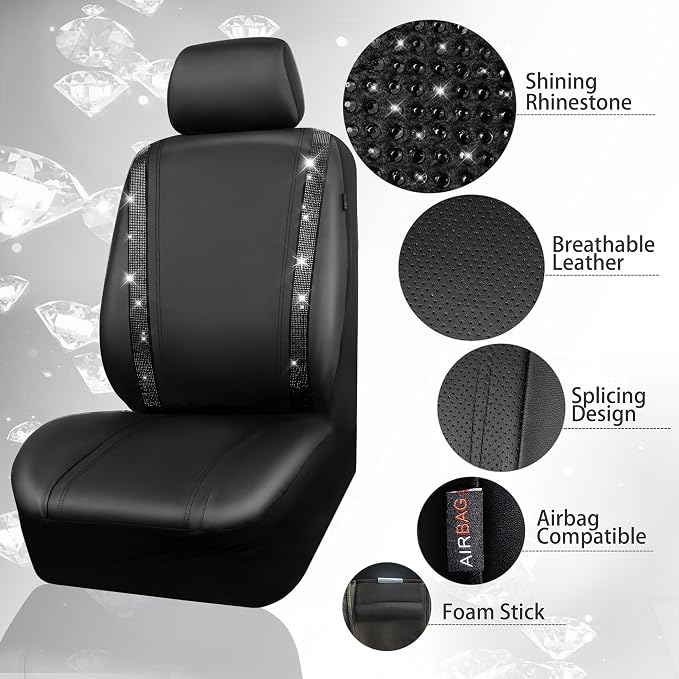 Leather Bling Seat Covers Full Sets 16 pcs, Bling Diamond Car Accessories Set for Women, Sparkly Rhinestone Steering Wheel Cover, Glitter Cute Car Interior Sets for Women Girl, Black Diamond