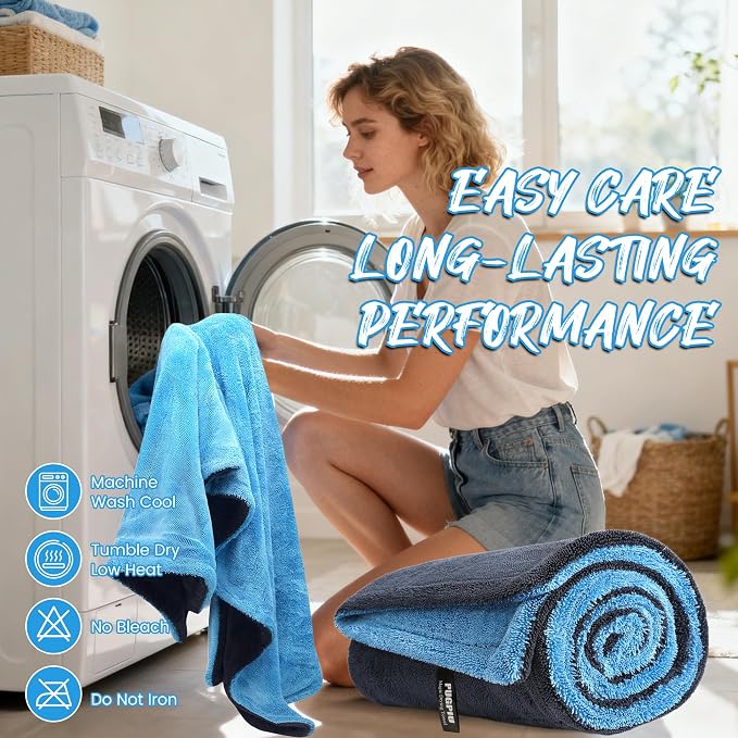 PUGPIU 1400GSM Large Microfiber Car Drying Towel Detailing 24"x36" | XL Super Absorbent Microfiber Towels - Edgeless with Twisted Loop - No Lint Streak for SUV Truck Car Detailing (Blue)