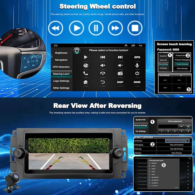 Radio Upgrade for Dodge Ram 1500/2500/3500 2006-2008, Jeep Compass Patriot 2007-2008, Grand Cherokee 2005-2007, Chrysler 300/300c 2005-2007, Wireless CarPlay Android 6.86" Stereo Back Camera WiFi GPS