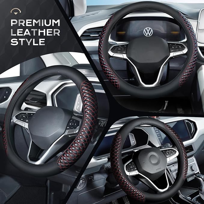 Coverado Car Steering Wheel Cover, Nappa Leather Black & Redline Steering Wheel Covers, Universal 14-15 inch, Anti-Slip, Breathable Steering Wheel Protector for Women Men
