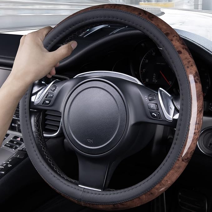 Wood Grain Microfiber Leather Steering Wheel Cover, Universal Fit for 14 1/2-15 inch Black Steering Wheel, Anti-Skip Veins Design,Cars, Suvs,Vans, Sedans (Black)