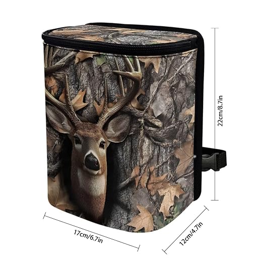 Deer Hunting Camo Print Car Trash Can with Lid, Leak Proof Auto Trash Bag Hanging Vehicle Garbage Can Multipurpose Storage Container for Back Seat Road Trip