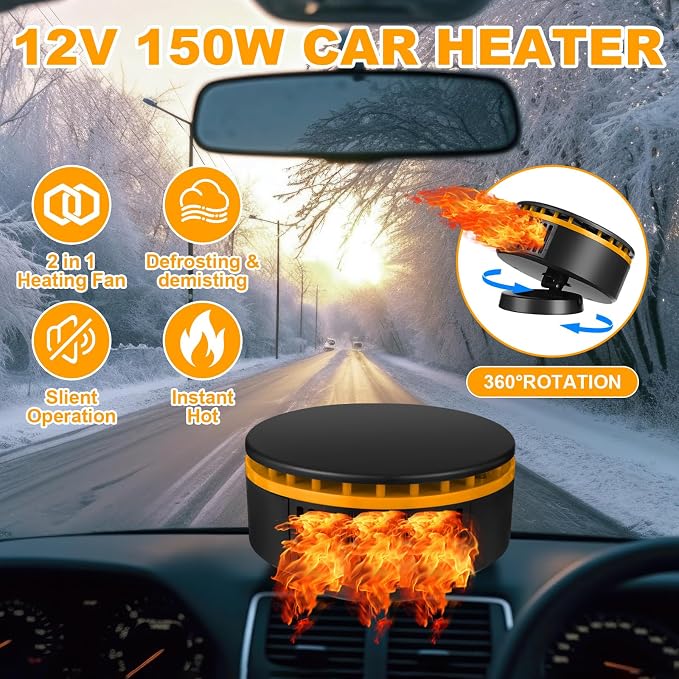 3 Pcs Portable Car Heater 12v Vehicle Heaters 2 in 1 150w Plug in Cigarette Lighter Windscreen Defogger Defroster 360° Fast Heating Cooling Fan Air Circulator for Winter Suv Rv(Yellow)