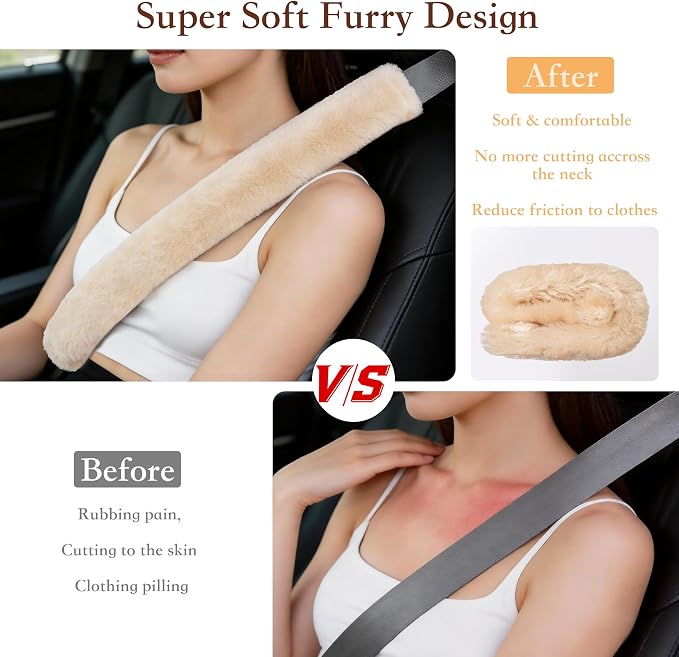Soft Faux Fur Universal Fit Seatbelt Cover Car Truck SUV Airplane Seat Belt Shoulder Pad for Carmera Backpack Straps Neck Cushion Protector Extra Long 25.6in Beige
