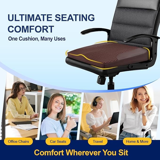 Car Seat Cushion – Memory Foam Pad for Driving Comfort – Boosts Height and Relieves Coccyx & Lower Back Pain – Car, Truck, Office Chair (Leather & 4D Mesh Brown)