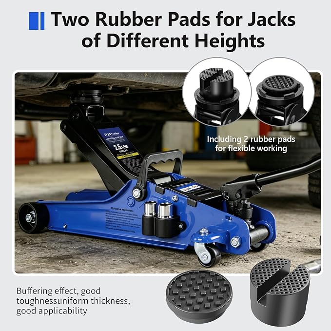 2.5T Floor Jack, 5500 lbs, 3.35"-14.96" Lift, Tire Kit, Pads, Sockets & Bag | Steel jack, 3.35"-14.96" lift. 360° swivel handle, rear casters. Includes tire kit, 2 rubber pads, 2 sockets & bag.