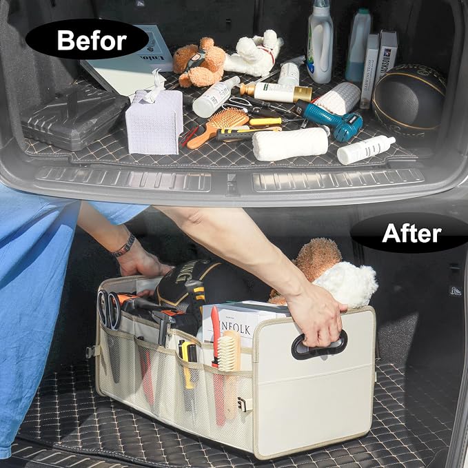 Car Trunk Organizer, Car Organizers and Storage Collapsible Multi Compartment Container Box, Adjustable Car Accessories for SUV Sedan Truck, Standard Size, Beige