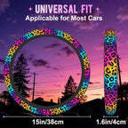 Neon Rainbow Leopard Print Steering Wheel Cover for Women Men Neoprene Breathable Wheel Cover Protector Anti-Slip Car Accessories Universal 15 Inch Fit for Cars Trucks Vehicles