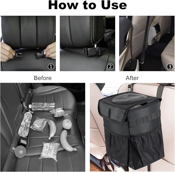 Car Trash Can Foldable Garbage Bin Leakproof 2.3 Gallons Car Trash Bag Black