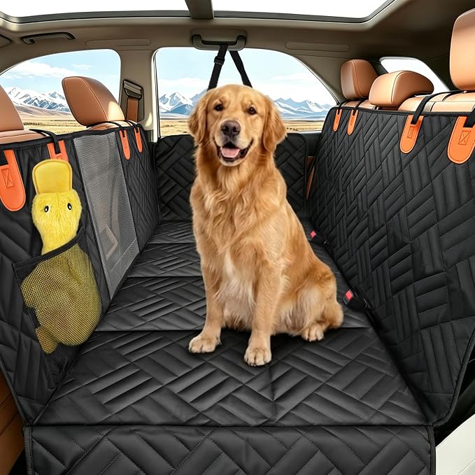 Megadream Dog Car Seat Cover Hard Bottom Back Seat Extender for Dogs 260LBS | Waterproof Scratch Resistant Rear Seat Pet Hammock with Mesh Window, Universal Fit for Sedan SUV Pickup Truck