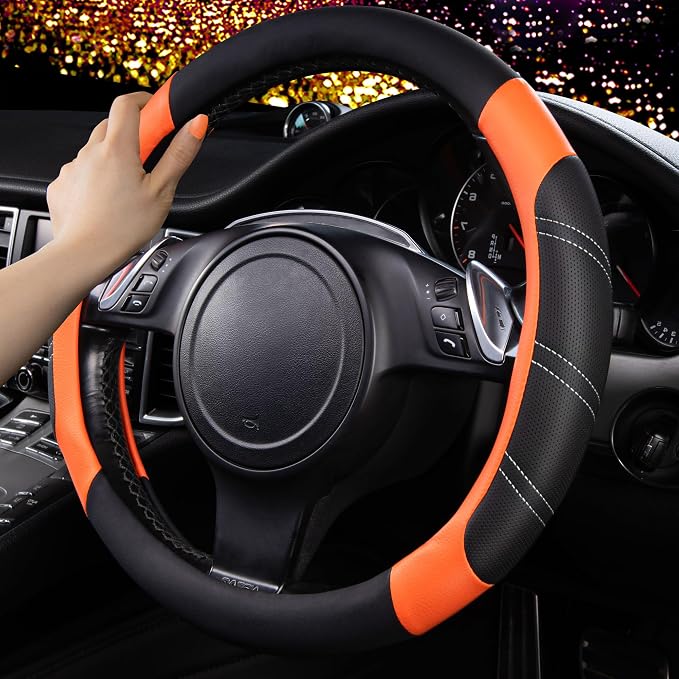 Line Rider Microfiber Leather Sporty Steering Wheel Cover Universal Fits for 95% Truck,SUV,Cars,14.5-15inch Anti-Slip Safety Comfortable Desgin (Black-Orange)