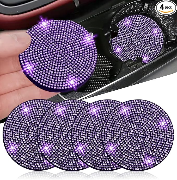 4pcs Bling Car Cup Holder Coaster, 2.75 inch Anti-Slip Shockproof Universal Car Coasters Insert Bling Crystal Rhinestone Automotive Interior Accessories for Women (4 pcs, Purple Violet)