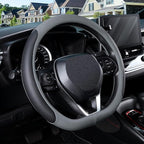 D Shaped Steering Wheel Cover for 14.5-15 inch Flat Bottom Wheels, Breathable Perforated Microfiber Leather, Anti-Slip Grip, Universal Fit for Cars & SUVs, Black and Gray